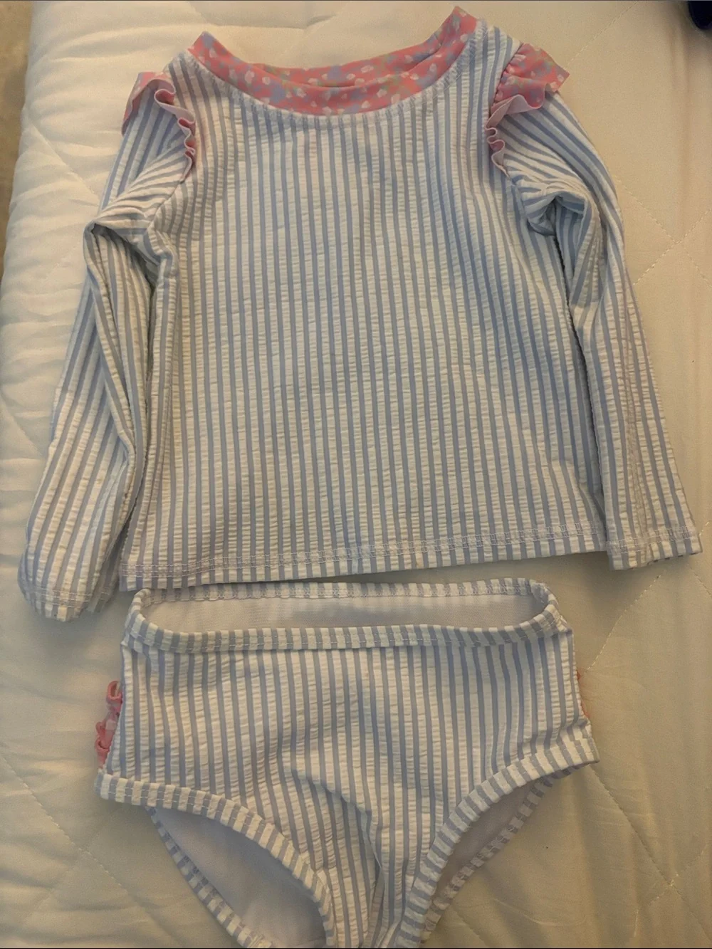 Ruffle Butts Blue Stripe Rash Guard with Pink Ruffle Diaper Cover